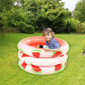 Outdoor Party Bubble Bottom Pink Watermelon Baby Water 3-Ring Inflatable Swimming Pools for Kids – Children's Pool with Ball Toys